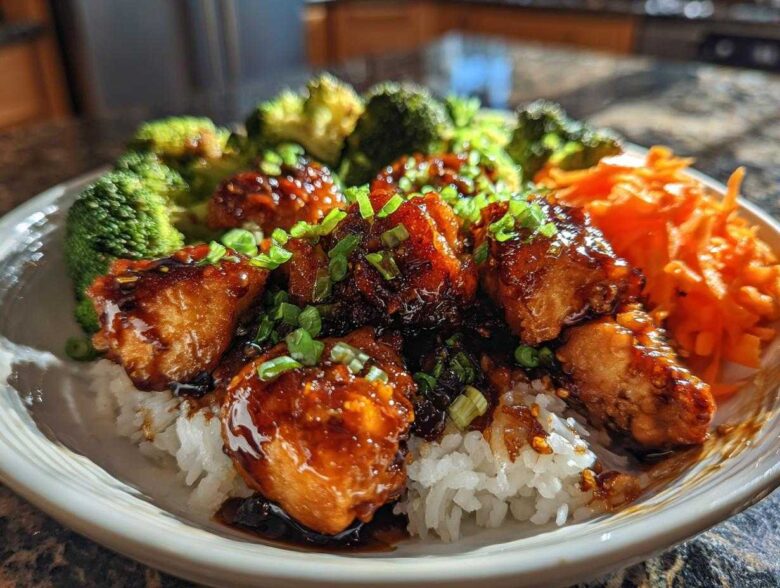 Close-up of a Honey Garlic Chicken Bowl featuring glazed chicken pieces over rice, served with steamed broccoli and shredded carrots.