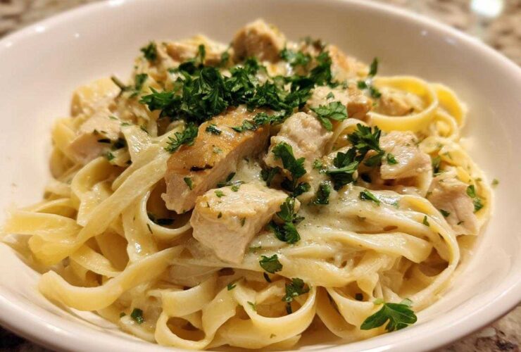 Close-up of Honey Garlic Chicken Pasta with Cream Sauce, featuring fettuccine noodles and garnished with fresh parsley.