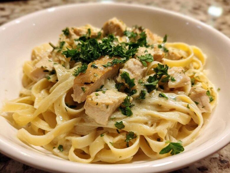 Close-up of Honey Garlic Chicken Pasta with Cream Sauce, featuring fettuccine noodles and garnished with fresh parsley.