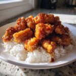 Close-up of sticky, glazed Honey Garlic Chicken Skillet pieces served over a bed of fluffy white rice on a white plate.