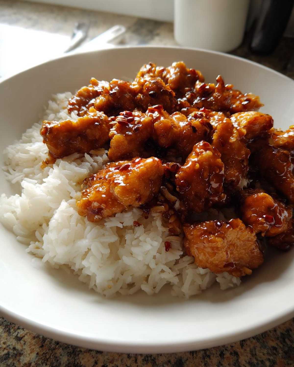 Close-up of glistening Honey Garlic Chicken Skillet pieces served over fluffy white rice in a white bowl.