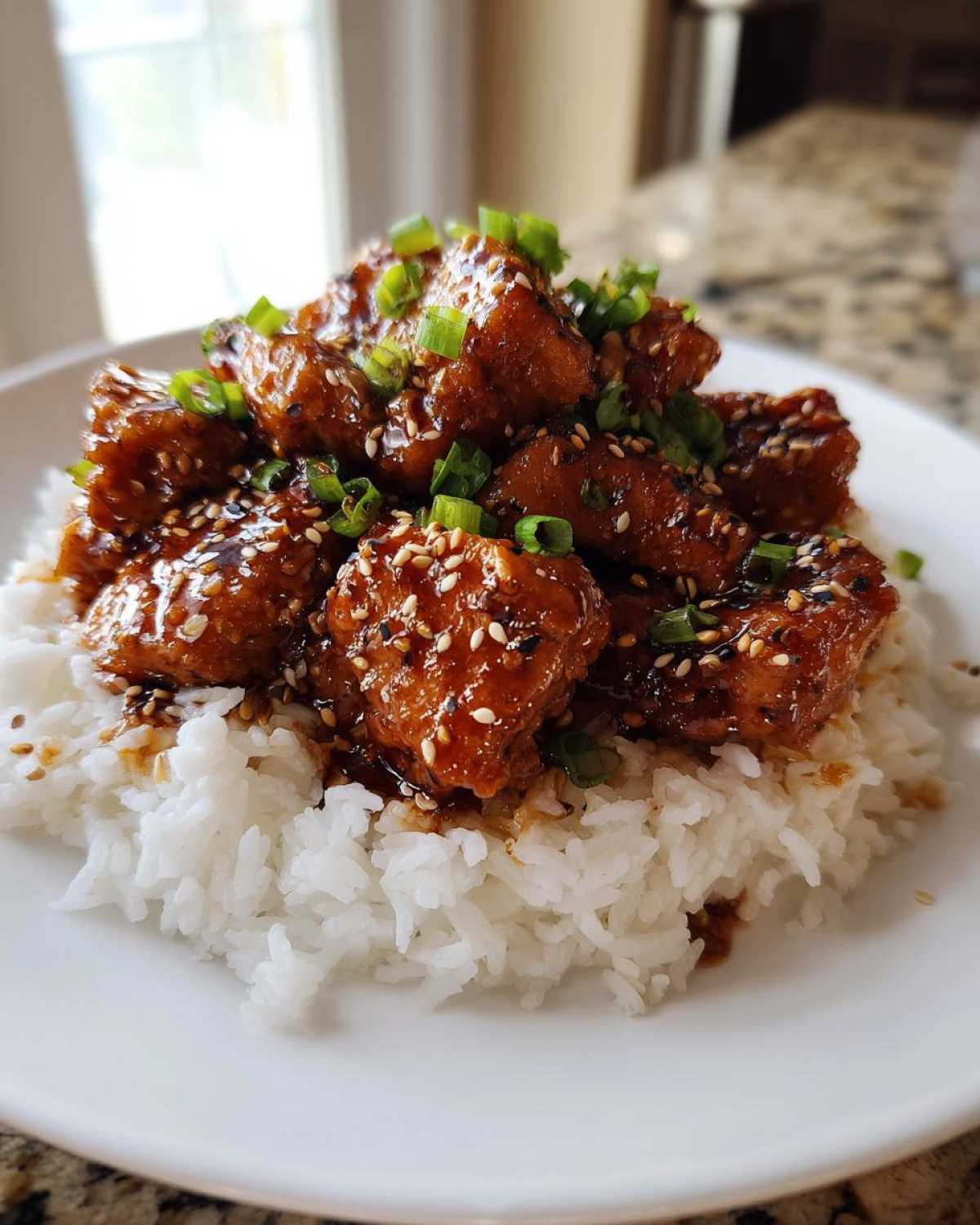 Close-up of Honey Garlic Chicken Skillet pieces coated in a rich glaze, served over white rice and topped with sesame seeds and green onions.