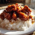 Close-up of glossy, glazed Honey Garlic Chicken Skillet pieces piled high on a bed of fluffy white rice on a white plate.
