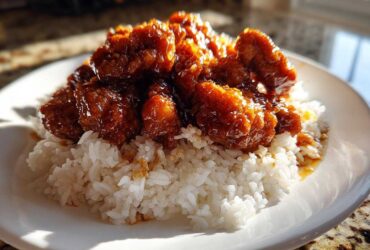Close-up of glossy, glazed Honey Garlic Chicken Skillet pieces piled high on a bed of fluffy white rice on a white plate.