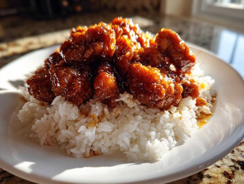 Close-up of glossy, glazed Honey Garlic Chicken Skillet pieces piled high on a bed of fluffy white rice on a white plate.