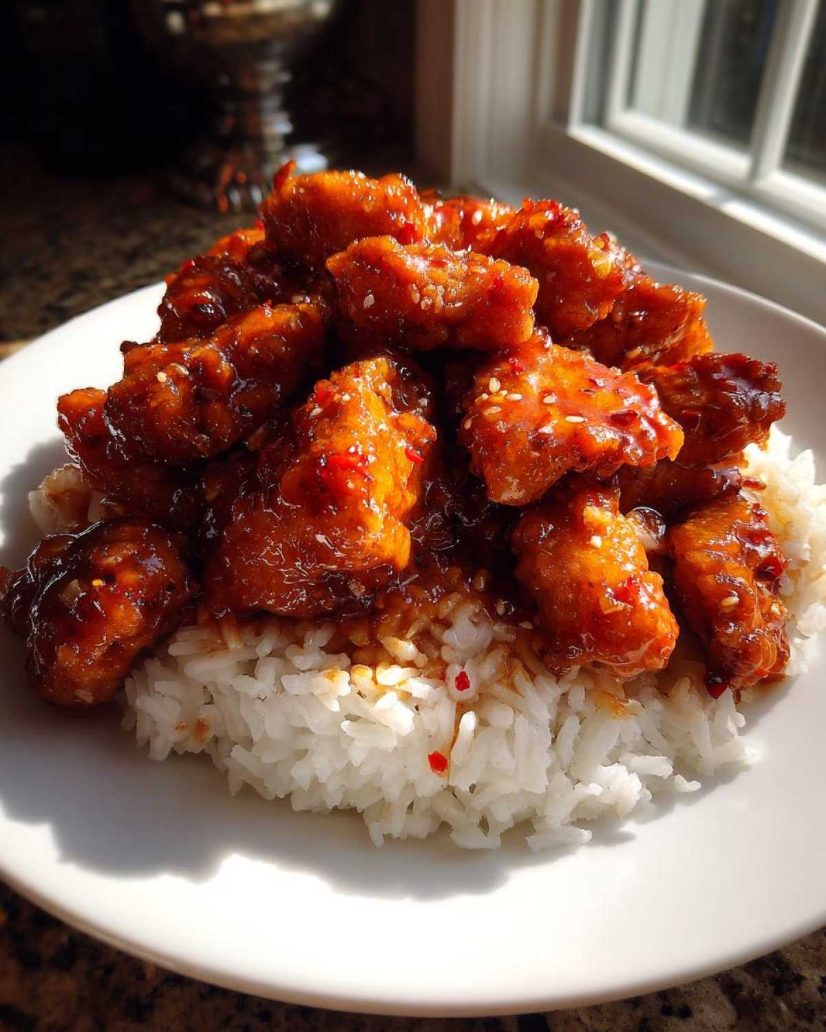A plate piled high with white rice topped with chunks of glistening Honey Garlic Chicken Skillet, garnished with sesame seeds.