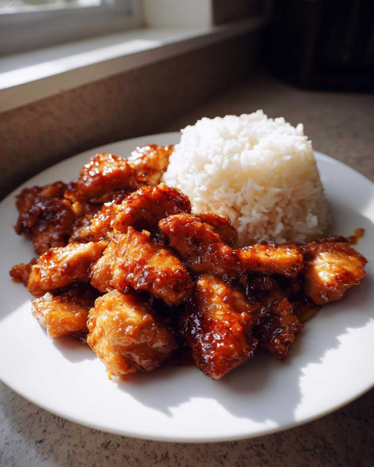 A white plate featuring glazed Honey Garlic Chicken Skillet pieces next to a mound of white steamed rice.