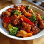 Close-up of glossy Honey Garlic Chicken and Veggie Stir Fry with broccoli, red peppers, and carrots in a white bowl.