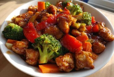 A white bowl filled with glistening Honey Garlic Chicken and Veggie Stir Fry, featuring broccoli, carrots, and red peppers.