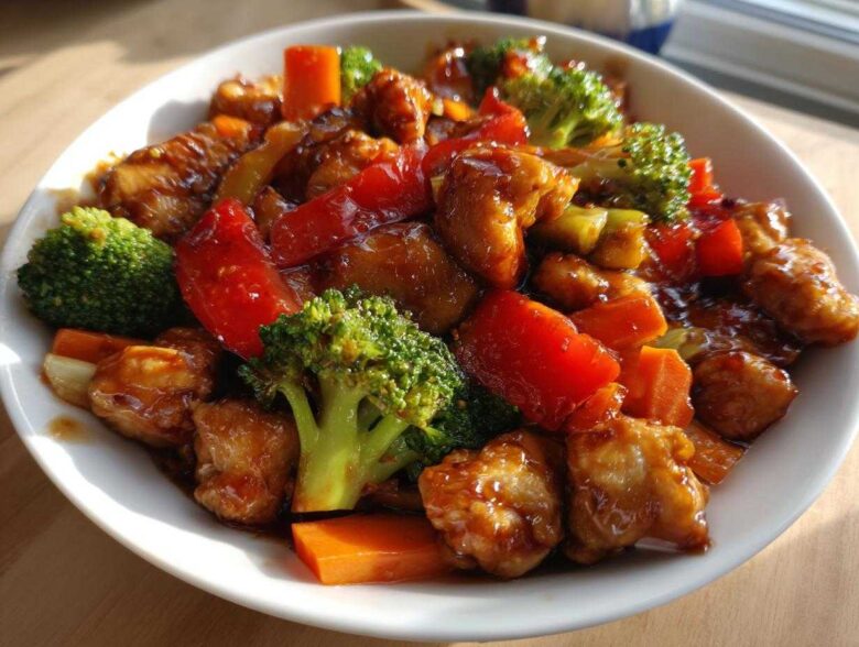 A white bowl filled with glistening Honey Garlic Chicken and Veggie Stir Fry, featuring broccoli, carrots, and red peppers.