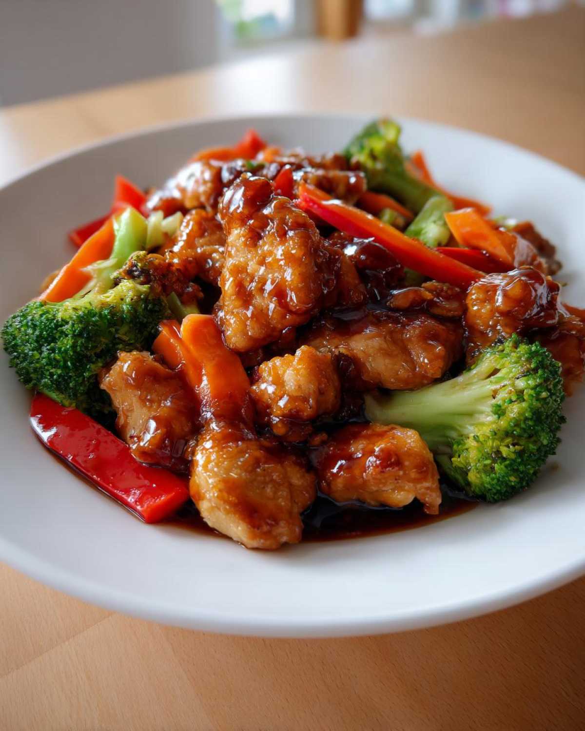 A close-up of Honey Garlic Chicken and Veggie Stir Fry featuring glossy chicken pieces, bright broccoli, carrots, and red peppers.