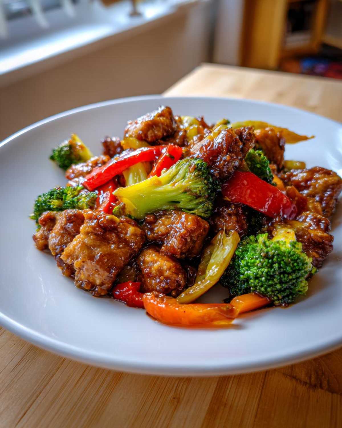A close-up of glistening Honey Garlic Chicken and Veggie Stir Fry featuring chicken pieces, bright green broccoli, and red bell peppers.