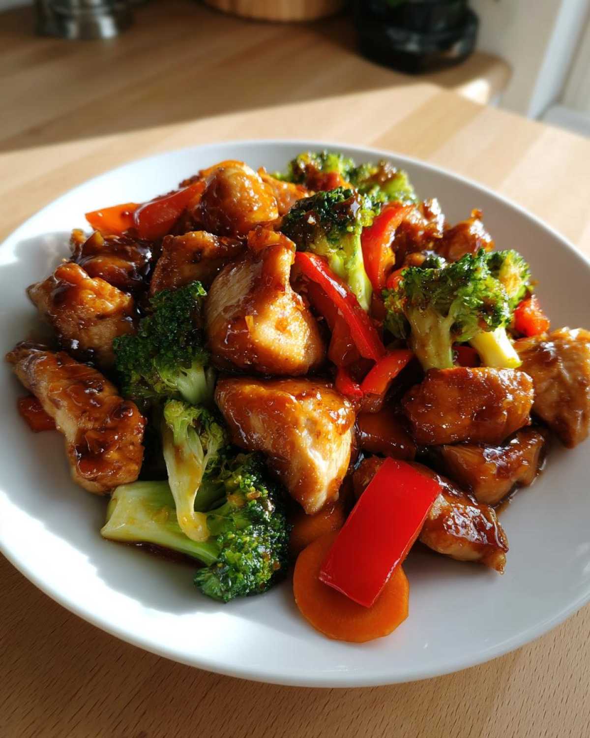A close-up of glossy Honey Garlic Chicken and Veggie Stir Fry featuring chicken pieces, bright green broccoli, and red peppers.