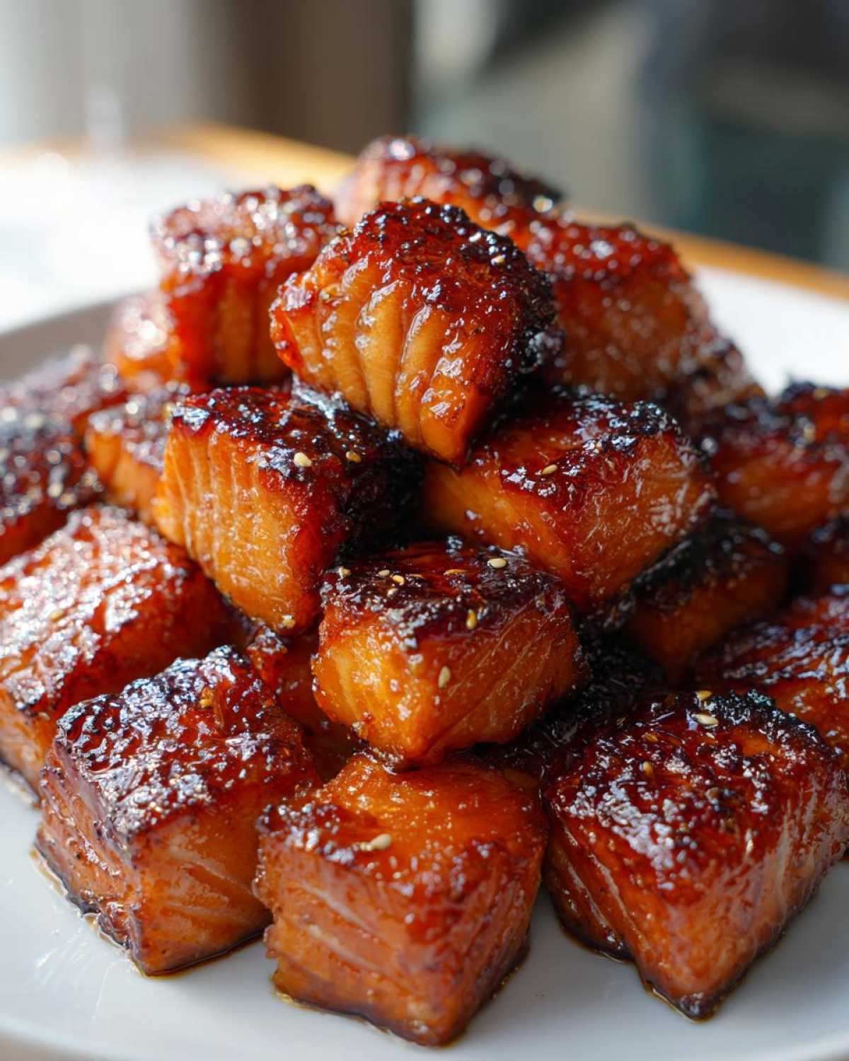 Close-up of a pile of glistening Honey Garlic Salmon Bites with caramelized edges and sesame seeds.