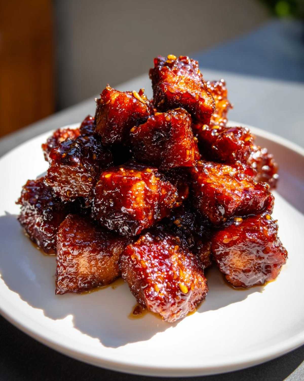 A close-up of Honey Garlic Salmon Bites piled high on a white plate, featuring a dark, glossy glaze and caramelized edges.