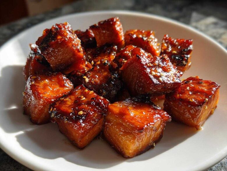 Close-up of shiny, caramelized Honey Garlic Salmon Bites sprinkled with sesame seeds on a white plate.