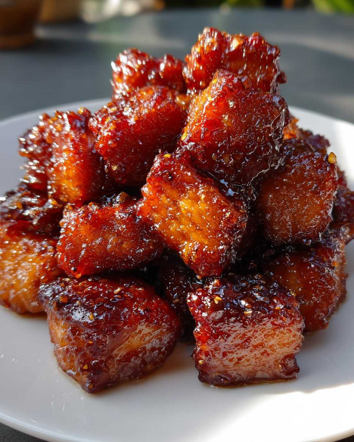 Close-up of glistening Honey Garlic Salmon Bites with caramelized edges piled high on a white plate.
