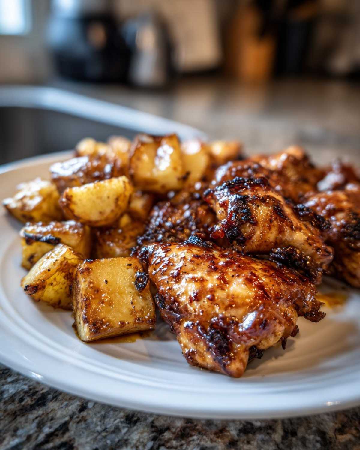Close-up of glazed Honey Mustard Chicken Bake with Potatoes served on a white plate.