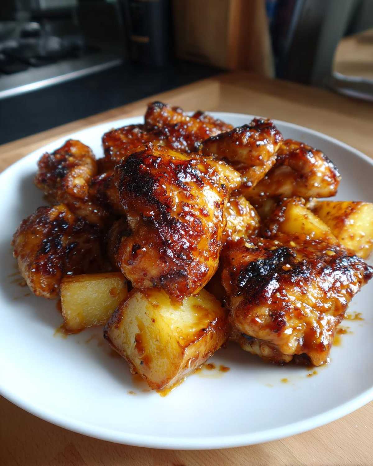 Close-up of glazed, caramelized chicken pieces served with roasted potatoes from the Honey Mustard Chicken Bake with Potatoes.