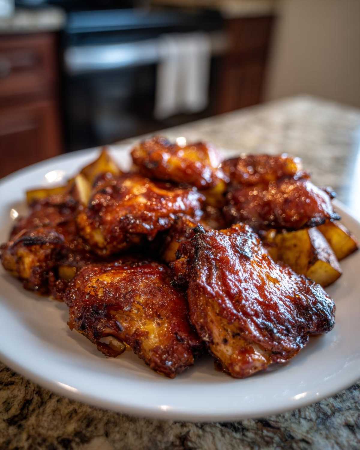 Close-up of glazed chicken pieces served with roasted potatoes from the Honey Mustard Chicken Bake with Potatoes.