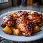 Close-up of glazed, crispy chicken thighs served with roasted potatoes from the Honey Mustard Chicken Bake with Potatoes.
