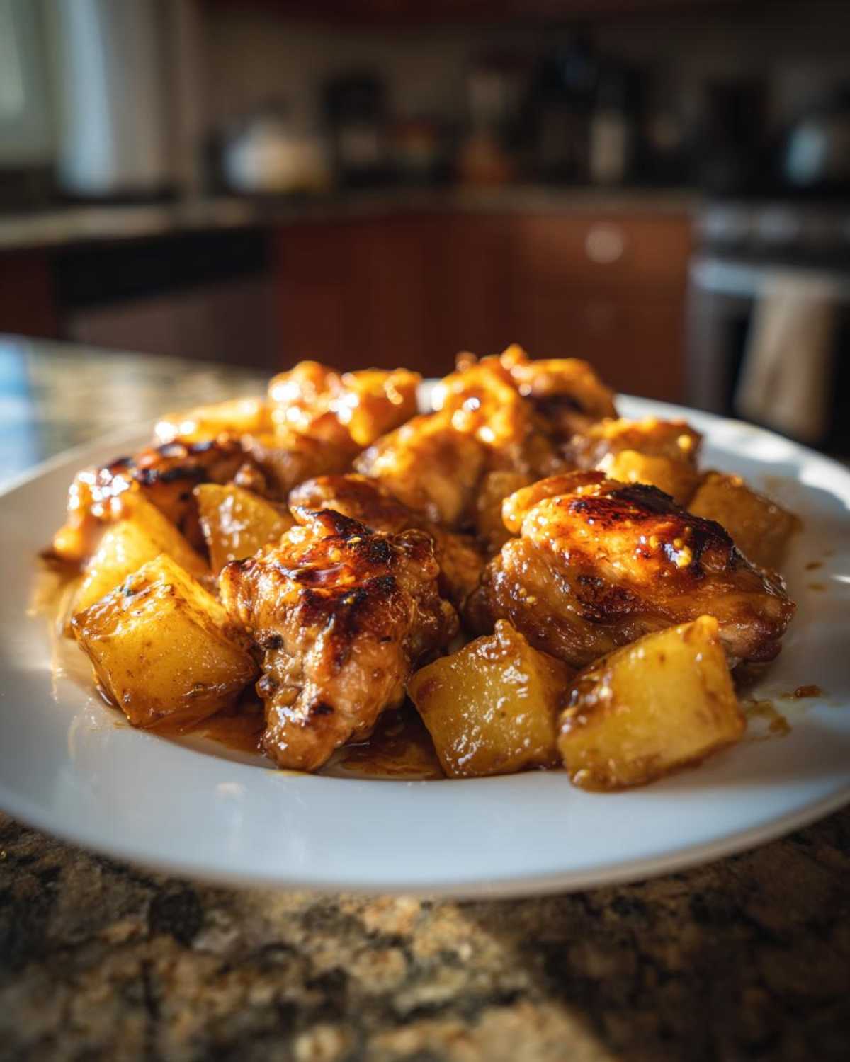 A close-up of glazed Honey Mustard Chicken Bake with Potatoes served on a white plate.