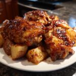 A white plate piled high with glistening, glazed Honey Mustard Chicken Bake with Potatoes.