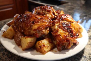 A white plate piled high with glistening, glazed Honey Mustard Chicken Bake with Potatoes.