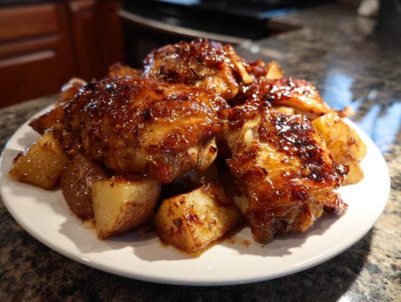 A white plate piled high with glistening, glazed Honey Mustard Chicken Bake with Potatoes.