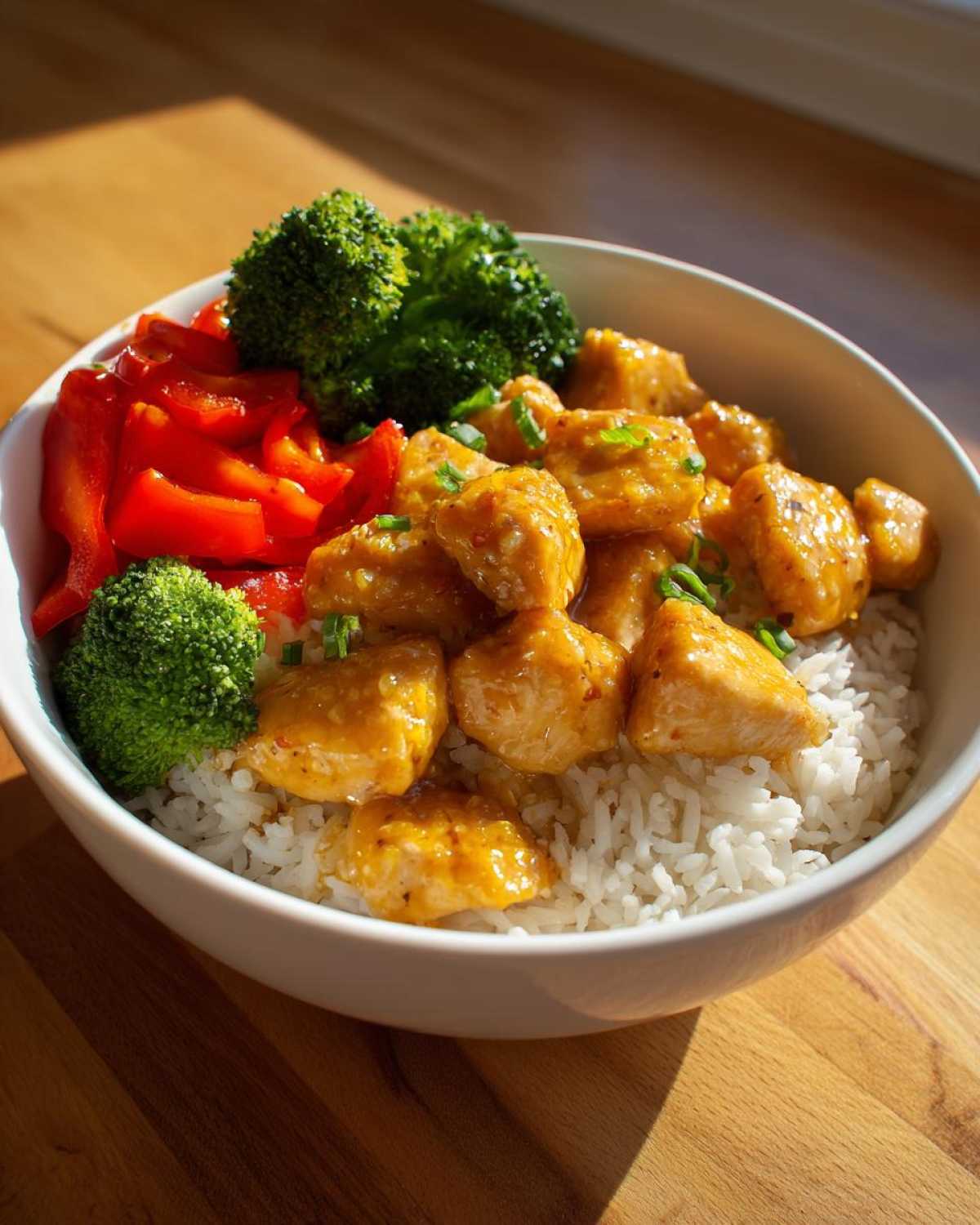 Close-up of a Honey Mustard Chicken Bowl with rice, topped with glazed chicken pieces, steamed broccoli, and red peppers.