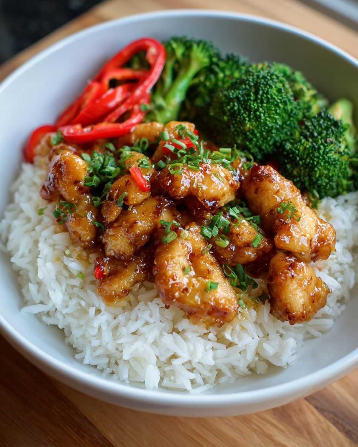 Close-up of a Honey Mustard Chicken Bowl with Rice, topped with glazed chicken pieces, steamed broccoli, and sliced red chili.