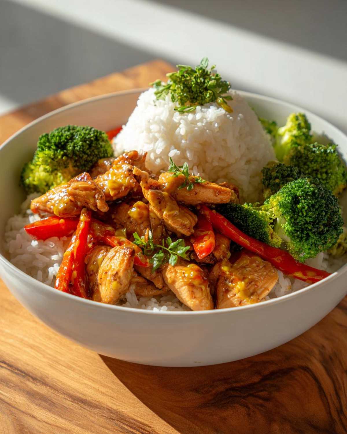 A close-up of a Honey Mustard Chicken Bowl with Rice, featuring glazed chicken pieces, steamed broccoli, and red peppers.