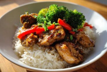 A close-up of a Honey Mustard Chicken Bowl with rice, topped with glazed chicken pieces, bright red bell peppers, and steamed broccoli florets.