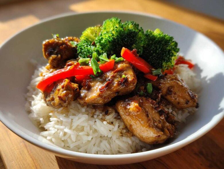 A close-up of a Honey Mustard Chicken Bowl with rice, topped with glazed chicken pieces, bright red bell peppers, and steamed broccoli florets.