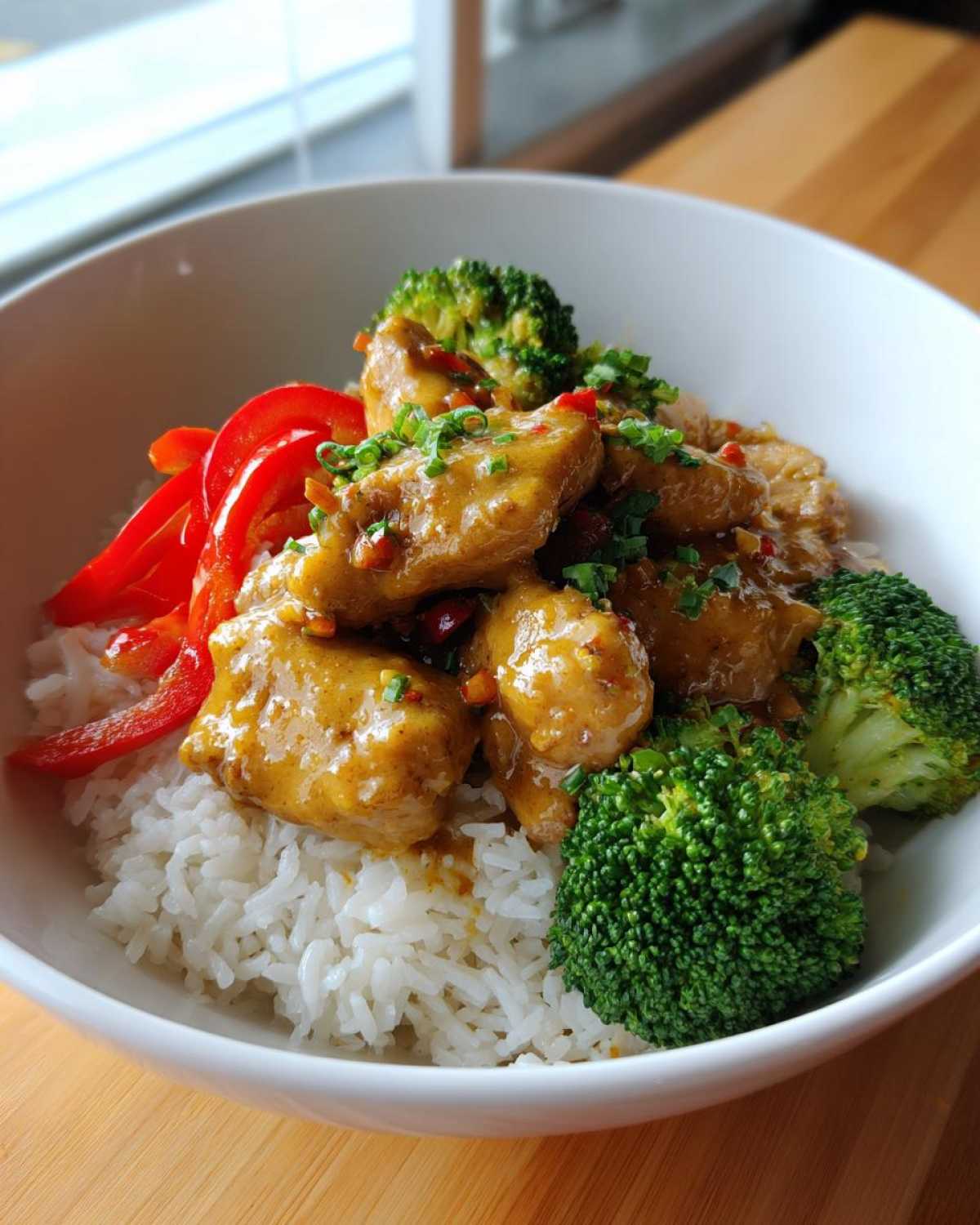 Close-up of a Honey Mustard Chicken Bowl with Rice, topped with broccoli, red peppers, and chives.