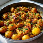 Close-up of Honey Mustard Chicken Skillet with Potatoes, glazed chicken pieces and small roasted potatoes in sauce.