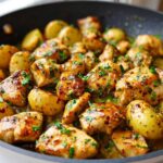 Close-up of Honey Mustard Chicken Skillet with Potatoes coated in a glossy sauce and garnished with parsley.