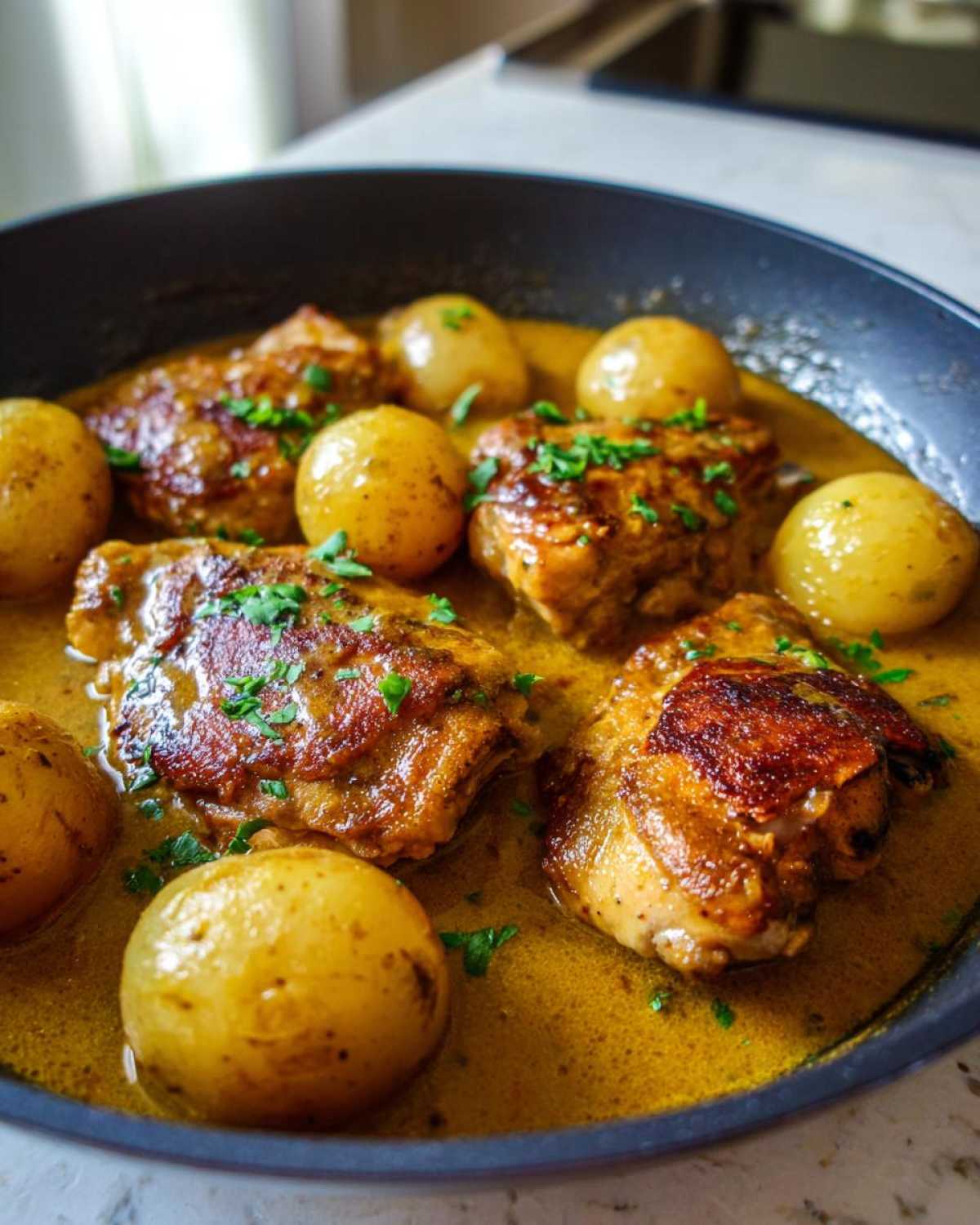 Close-up of Honey Mustard Chicken Skillet with Potatoes simmering in a rich, yellow sauce and garnished with parsley.