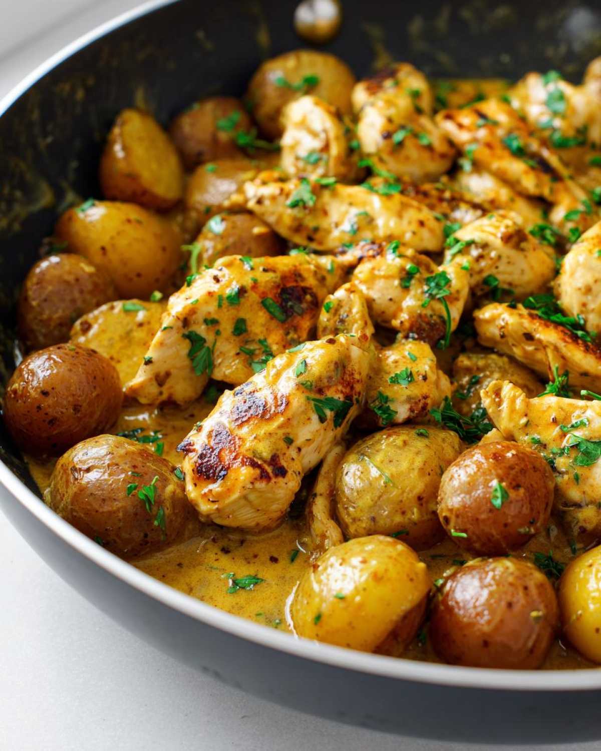 Close-up of Honey Mustard Chicken Skillet with Potatoes coated in a creamy sauce and garnished with parsley.
