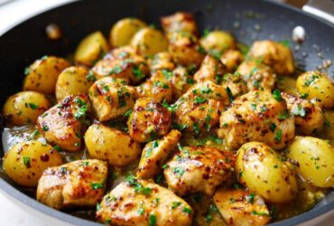 Close-up of Honey Mustard Chicken Skillet with Potatoes coated in a glossy sauce and garnished with parsley.