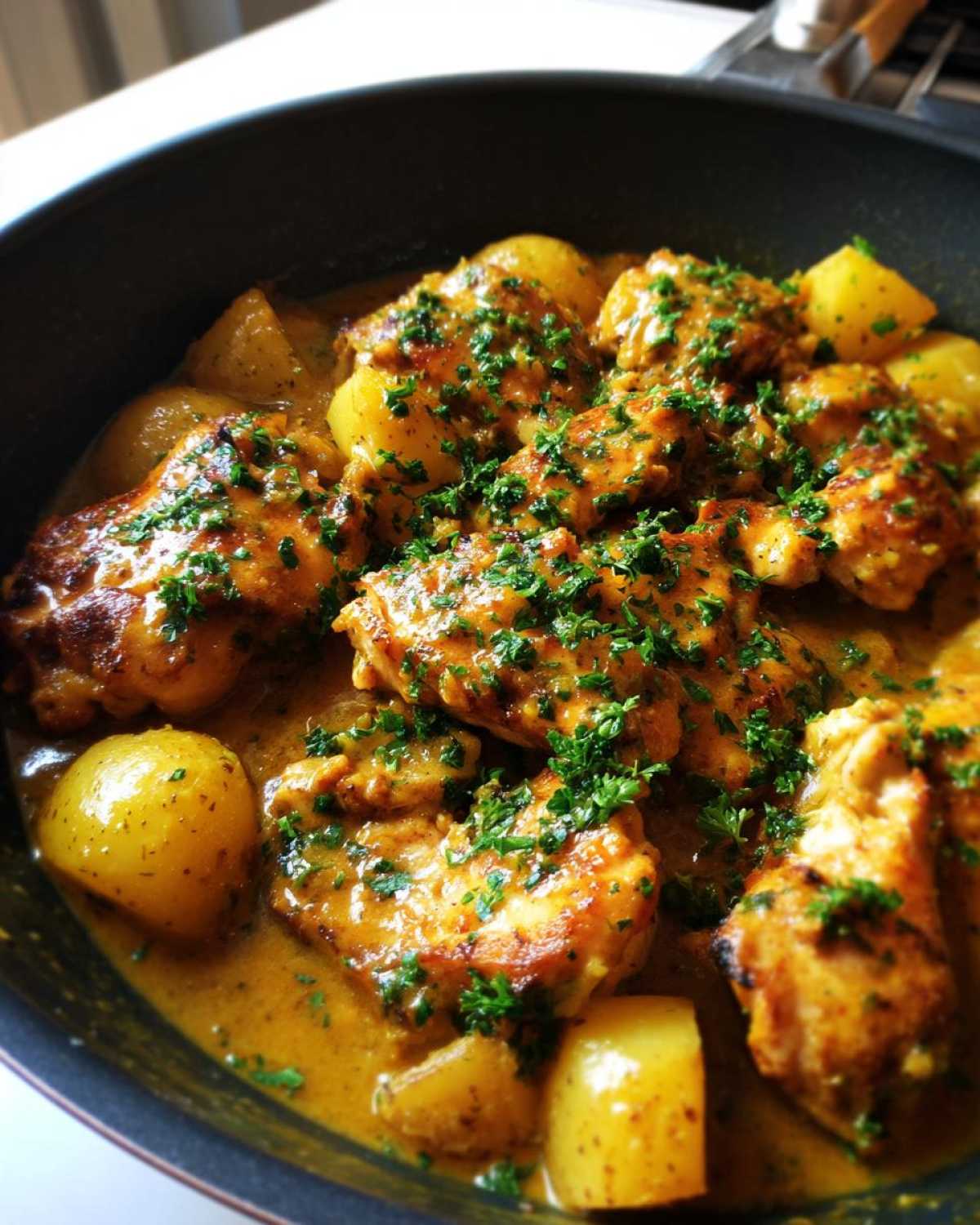 Close-up of Honey Mustard Chicken Skillet with Potatoes coated in a rich, yellow sauce and topped with fresh parsley.