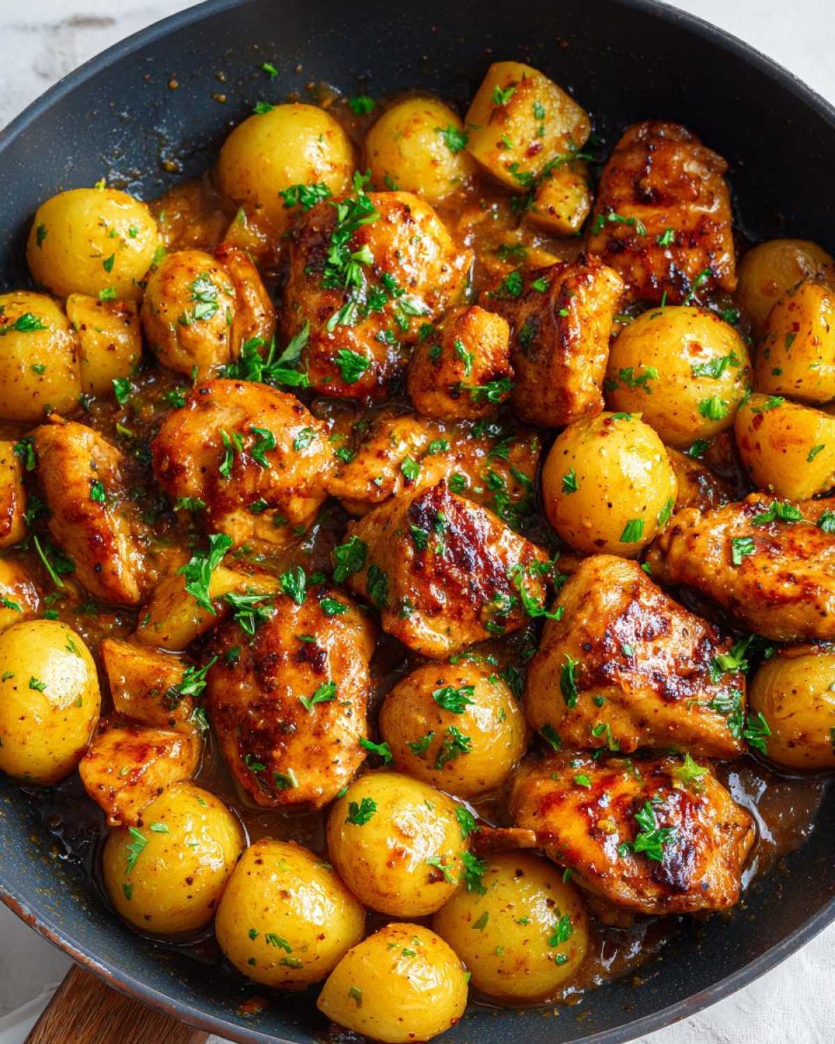 Close-up of Honey Mustard Chicken Skillet with Potatoes, featuring glazed chicken pieces and small yellow potatoes in a savory sauce.
