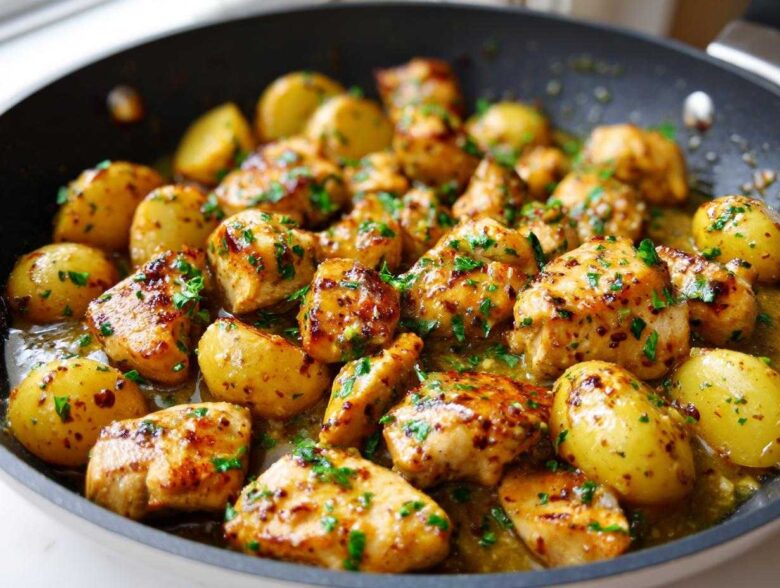 Close-up of Honey Mustard Chicken Skillet with Potatoes coated in a glossy sauce and garnished with parsley.