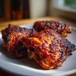Close-up of three oven roasted Honey Mustard Chicken Thighs with caramelized, dark glaze on a white plate.