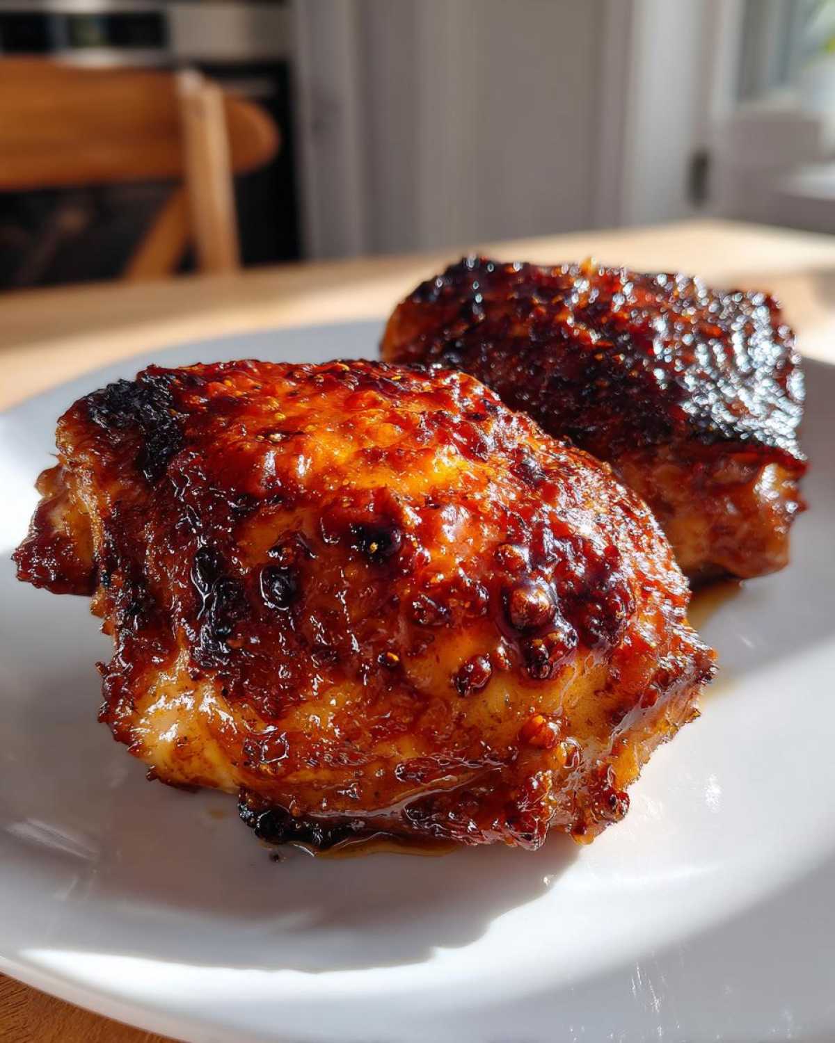 Two perfectly roasted Honey Mustard Chicken Thighs Oven Roasted pieces with a dark, sticky, caramelized glaze on a white plate.