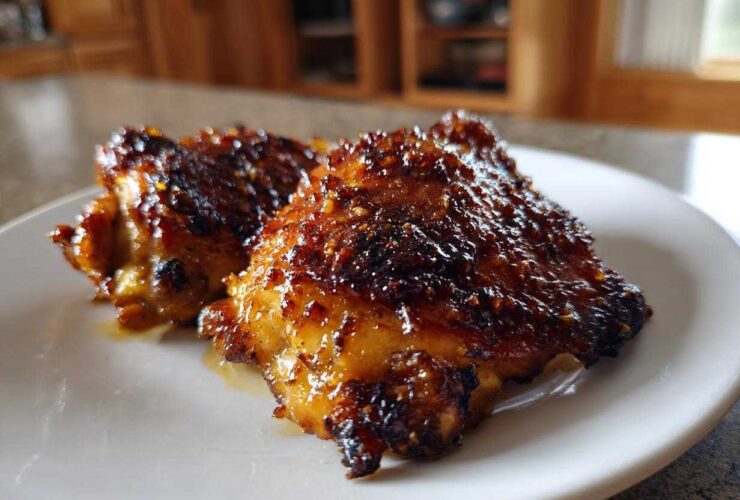 Two pieces of perfectly cooked Honey Mustard Chicken Thighs Oven Roasted with a dark, sticky glaze on a white plate.
