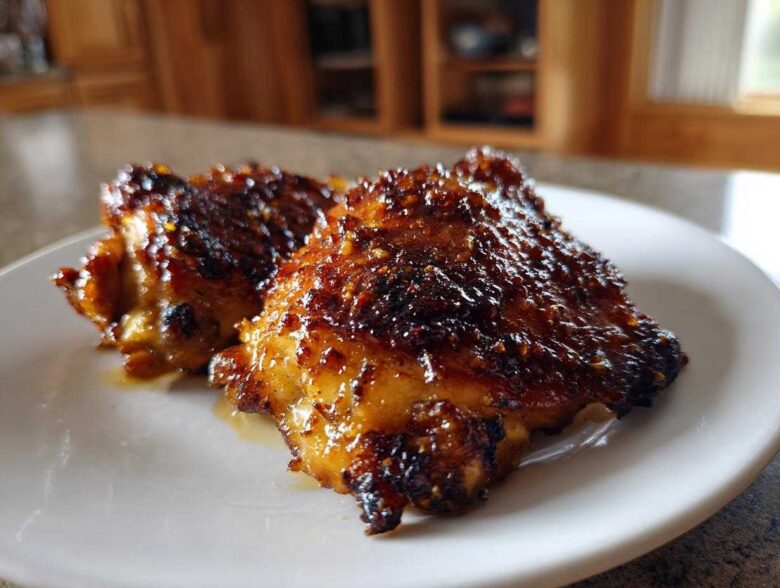 Two pieces of perfectly cooked Honey Mustard Chicken Thighs Oven Roasted with a dark, sticky glaze on a white plate.