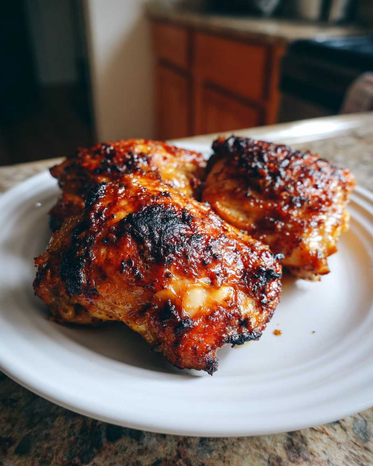 Three beautifully caramelized Honey Mustard Chicken Thighs Oven Roasted resting on a white plate.