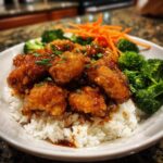 Close-up of a Honey Soy Chicken Bowl Quick Dinner Idea with crispy chicken, white rice, broccoli, and shredded carrots.