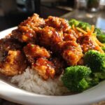 Close-up of a Honey Soy Chicken Bowl Quick Dinner Idea featuring glazed chicken pieces over white rice with bright green broccoli florets.